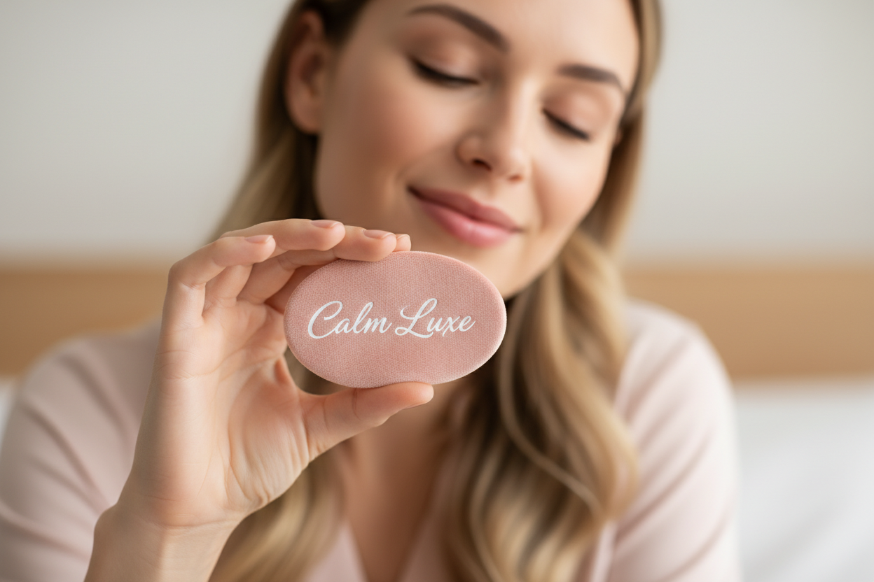 a beautiful woman holding a pink sleep patch that say calm luxe on it 