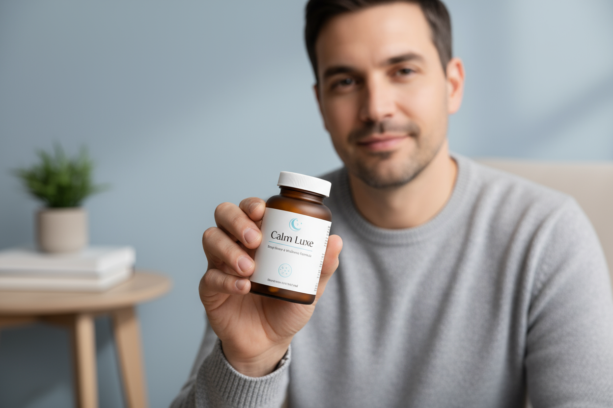 man holding a bottle of sleep pills saying calm luxe on it 